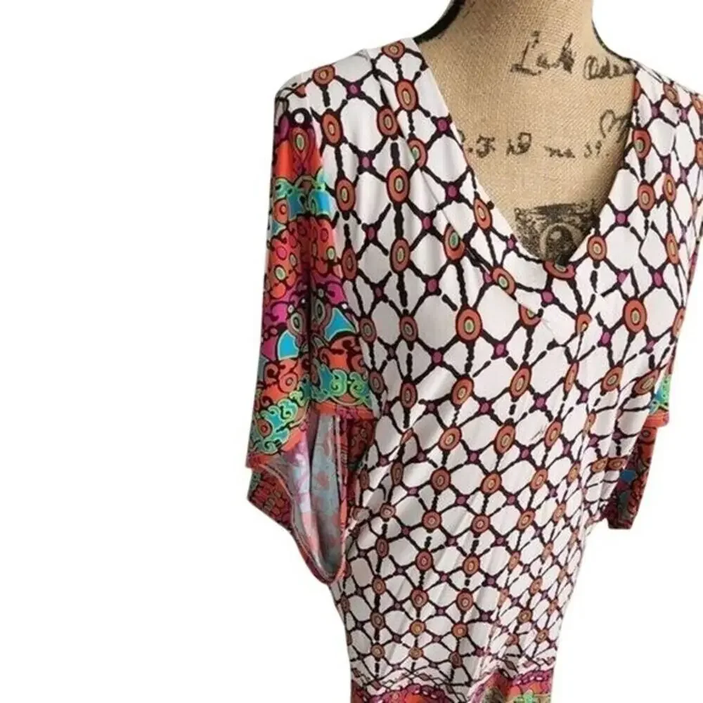 Trina Turk Geometric Mosaic Print Kimono Sleeve V-Neck Mini Dress Swim Multi XS